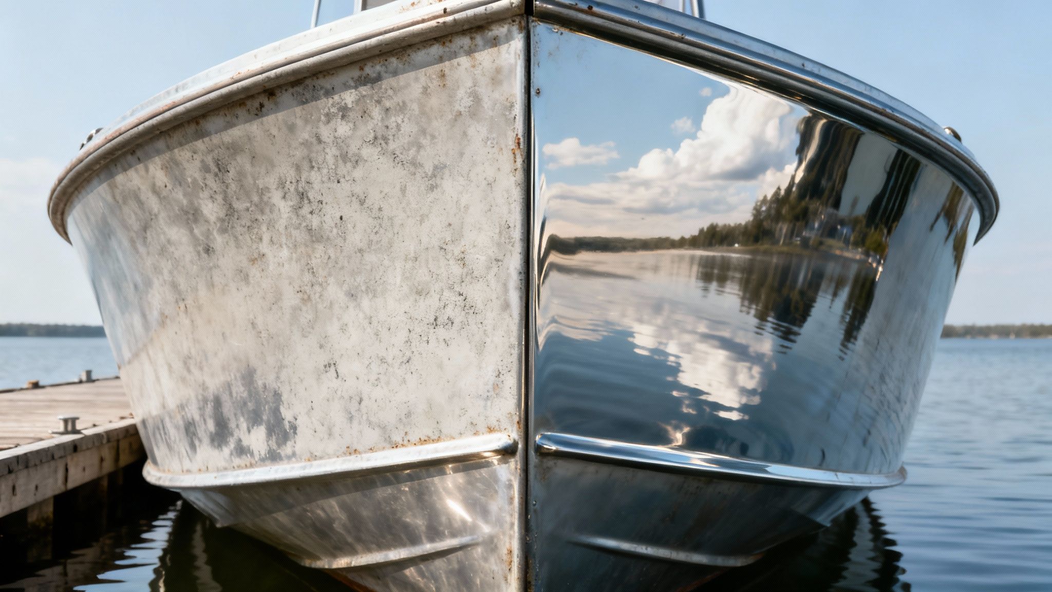 A boat docked at a pier, half dull and unpolished, the other half gleaming and reflecting the lake.