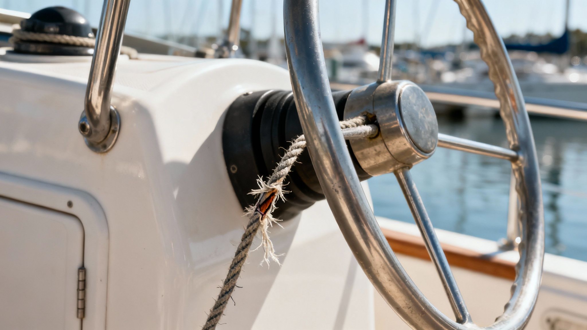 A person's hands gripping the steering wheel of a boat, with the open water visible in the background.