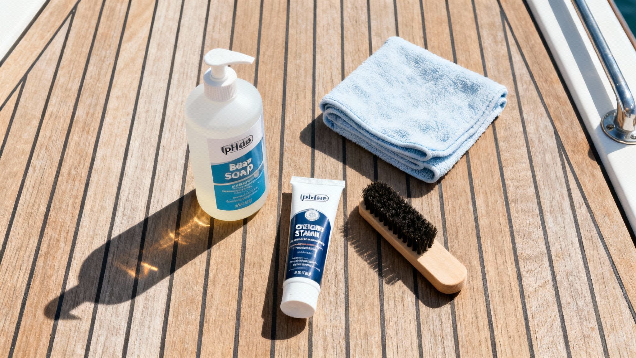 Assortment of Better Boat cleaning products arranged on a wooden dock next to a boat