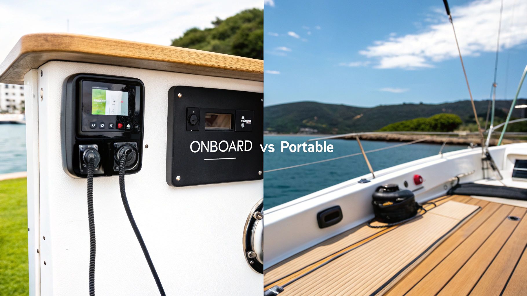 A person connecting a portable marine battery charger to a boat battery