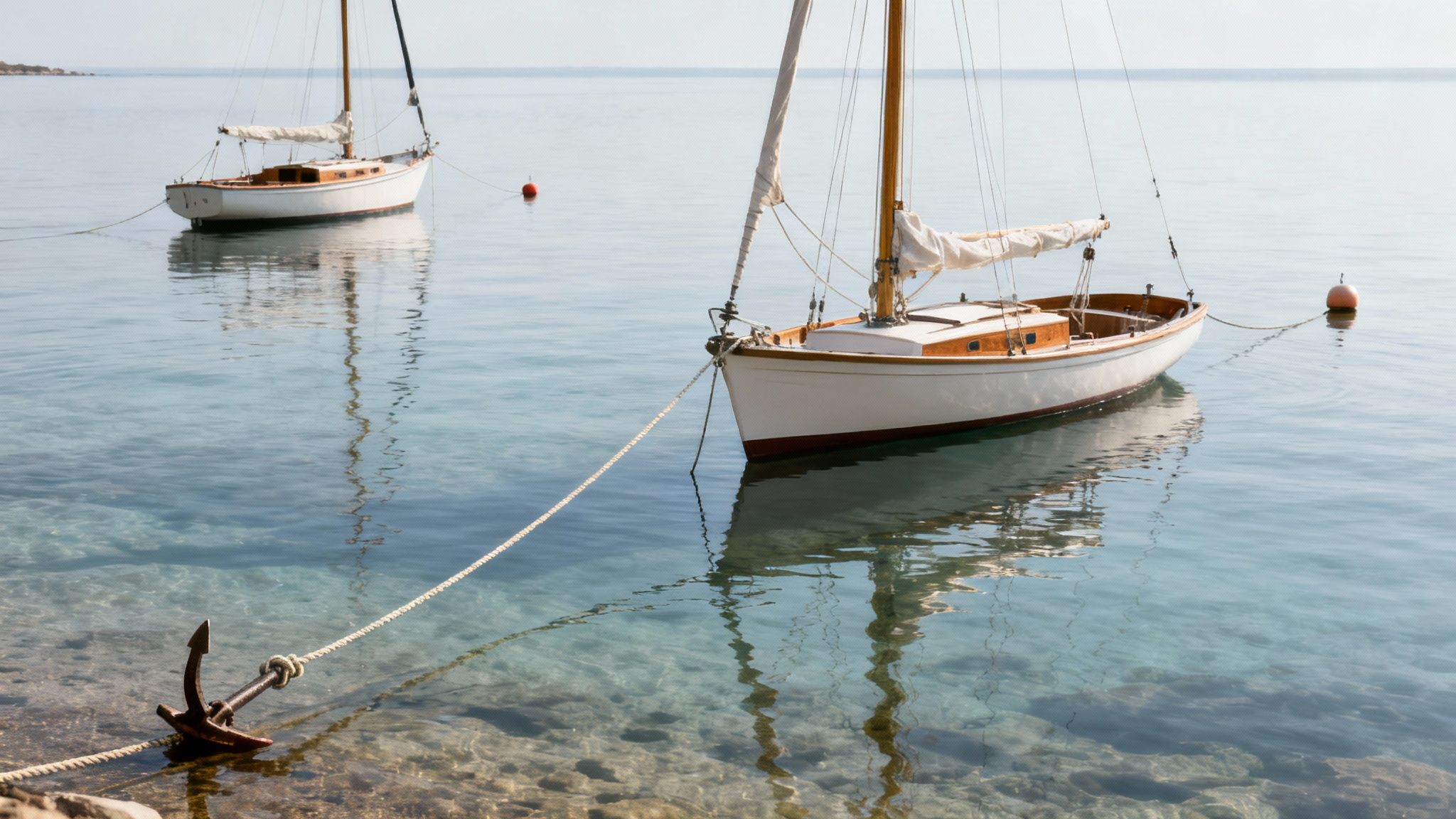 Two sailboats anchored in calm, clear water, with an anchor visible on the rocky seabed.