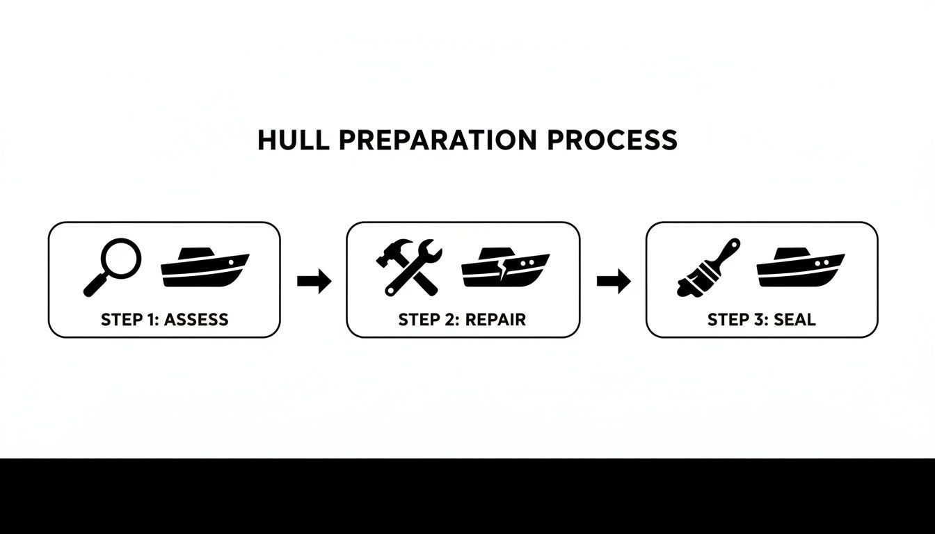 A three-step infographic showing the hull preparation process: assess, repair, and seal for boats.