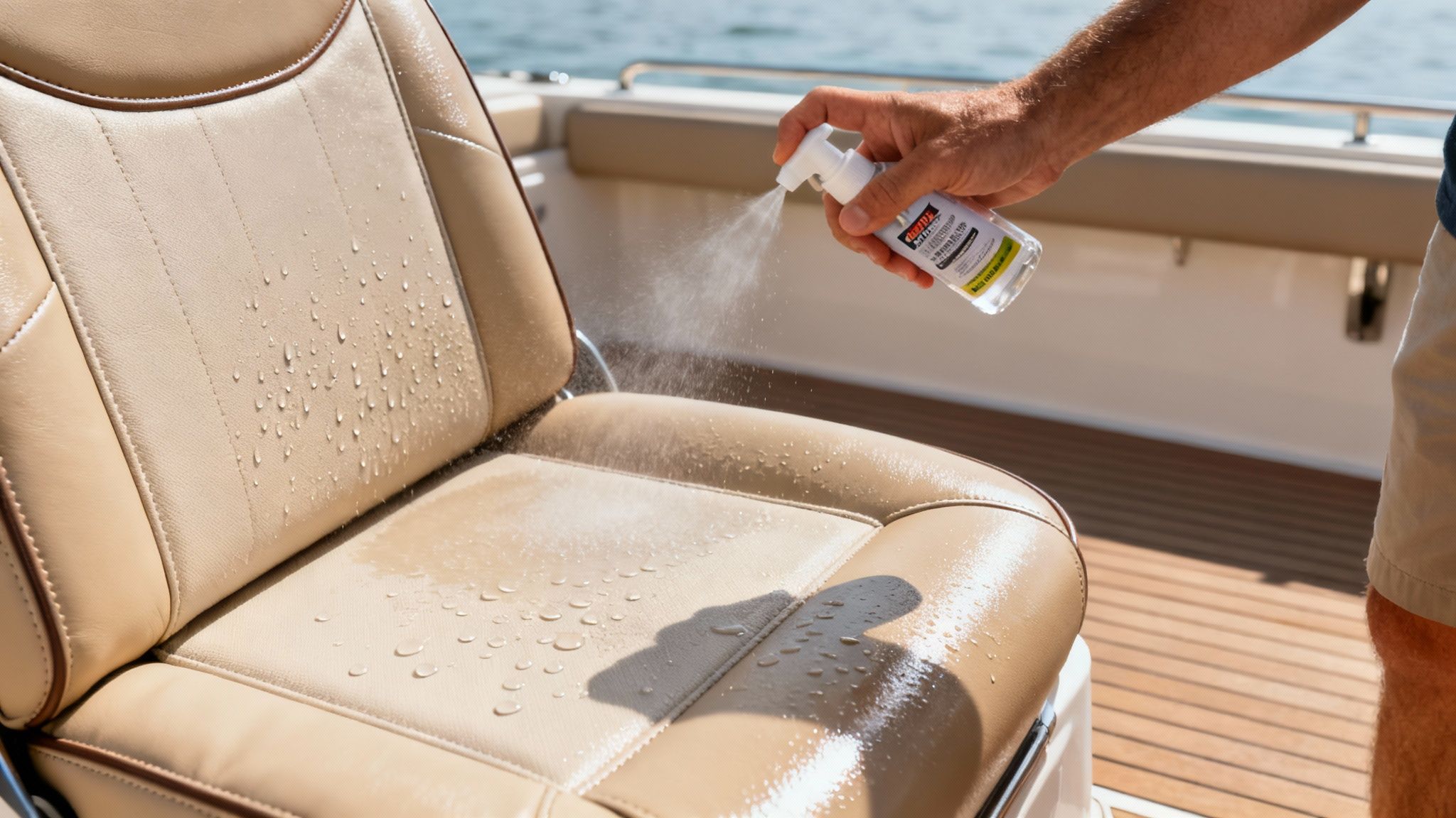 A person's hand sprays a cleaning solution onto a tan boat seat, demonstrating water repellency with visible droplets.