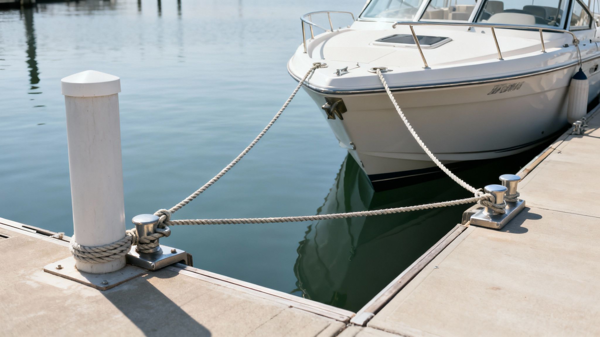 A white powerboat is securely moored to a concrete dock with ropes and cleats on a sunny day.