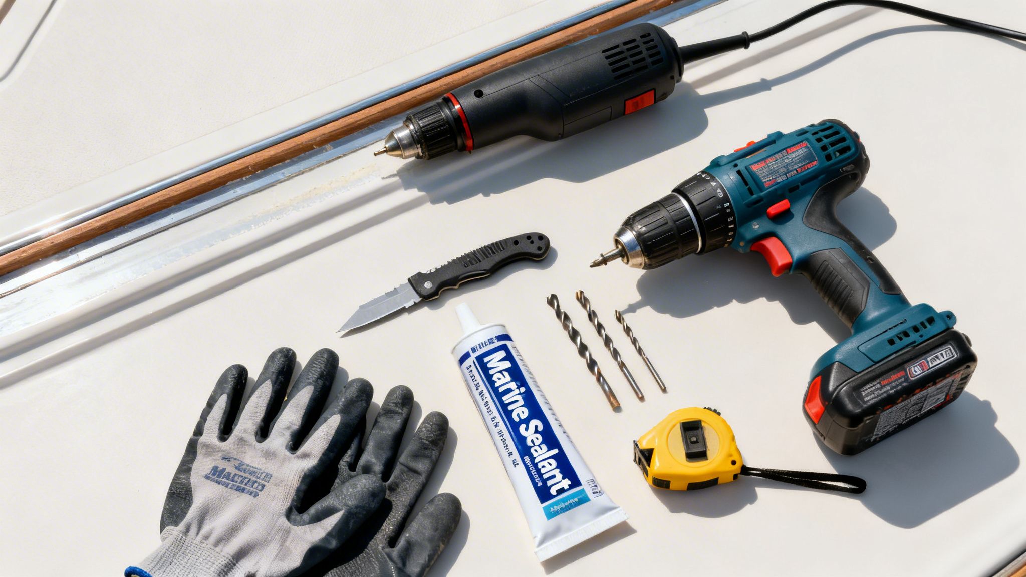 A flat lay of marine maintenance tools, including drills, sealant, gloves, knife, and tape measure, on a boat deck.