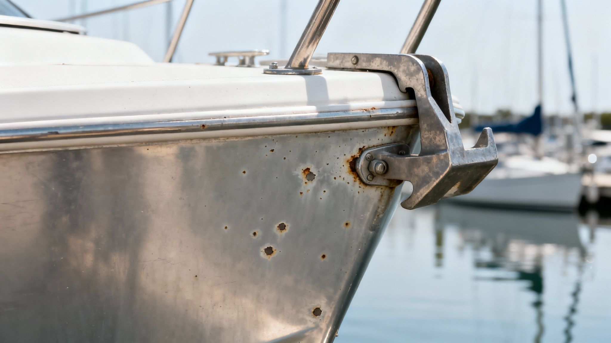 Close-up of a boat's bow showing rust spots and wear on its aluminum hull in a marina.