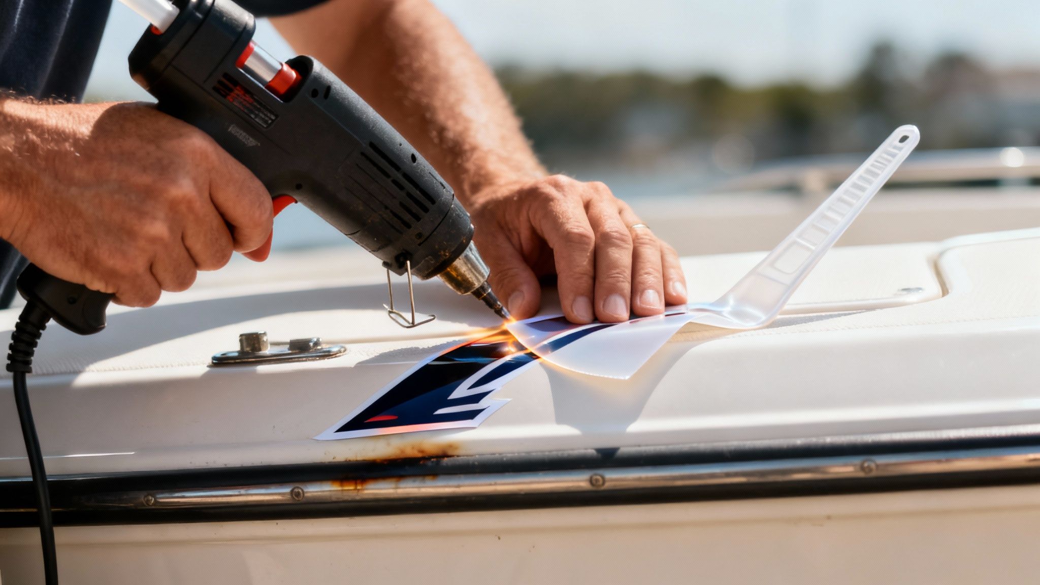 A person uses a heat tool on a boat's hull, working with a vinyl decal.