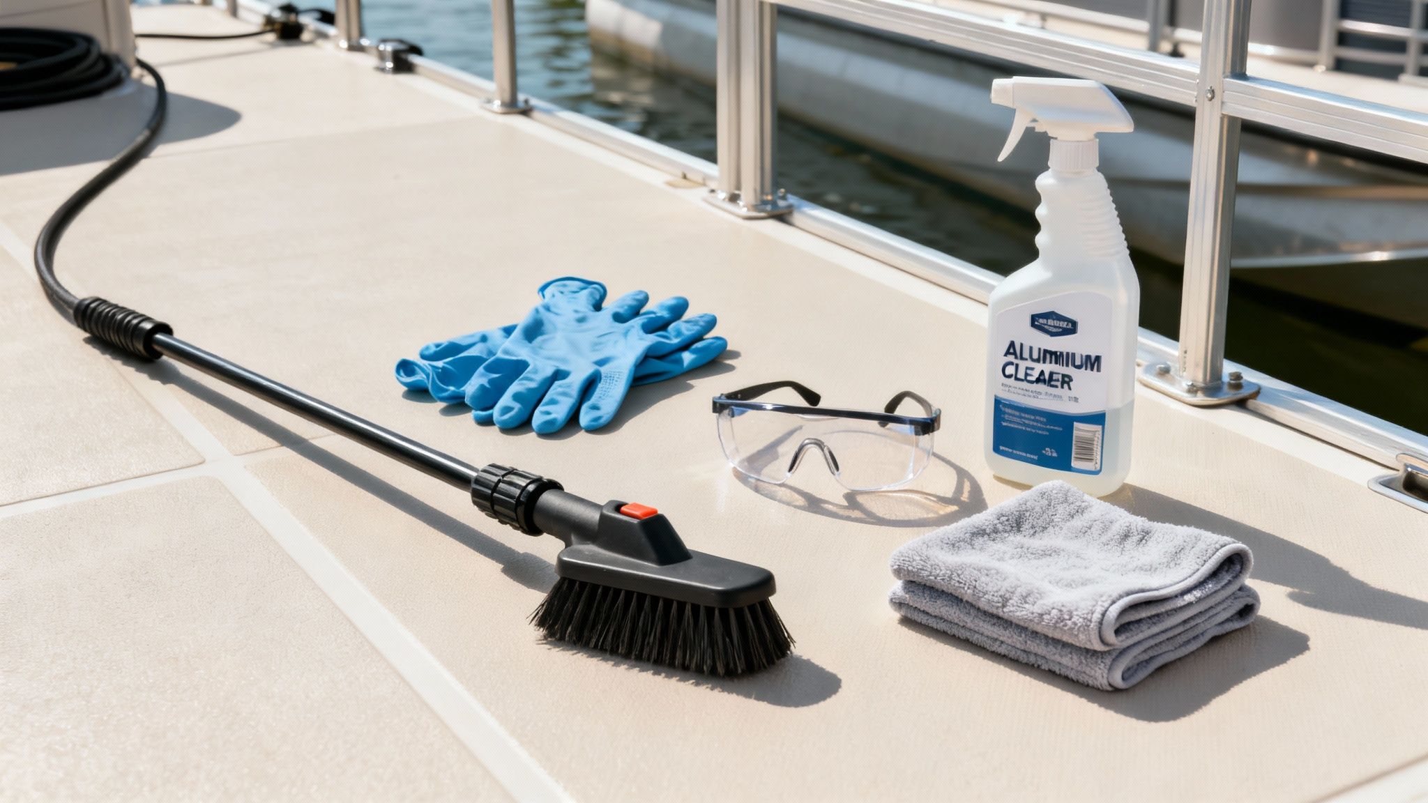 A collection of boat cleaning supplies, including brushes, cleaners, and microfiber towels, laid out neatly.