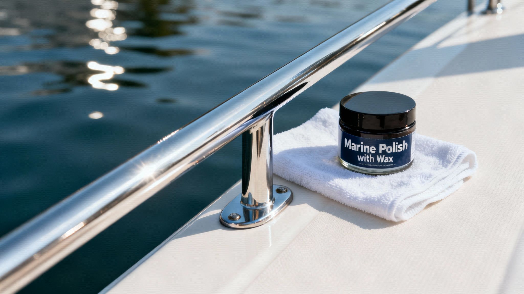 Marine polish with wax and a white towel on a boat deck next to a shiny metal railing.