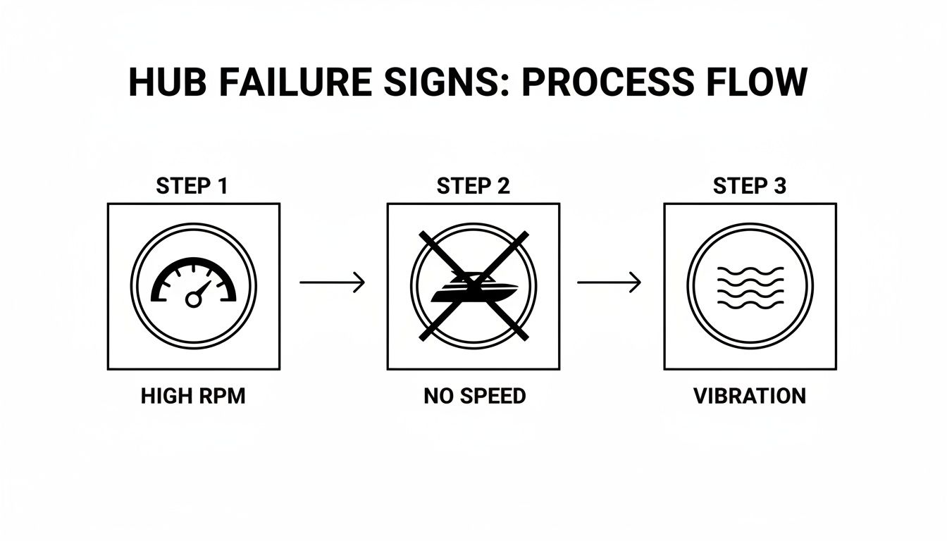 Diagram illustrates a three-step process for identifying marine hub failure: high RPM, then no speed, followed by vibration.