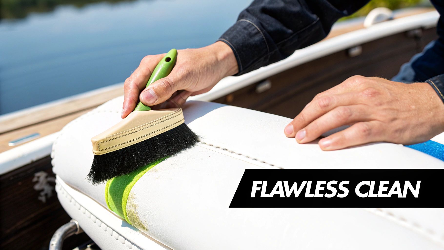 A person cleaning marine vinyl boat seats with a soft brush and cleaner