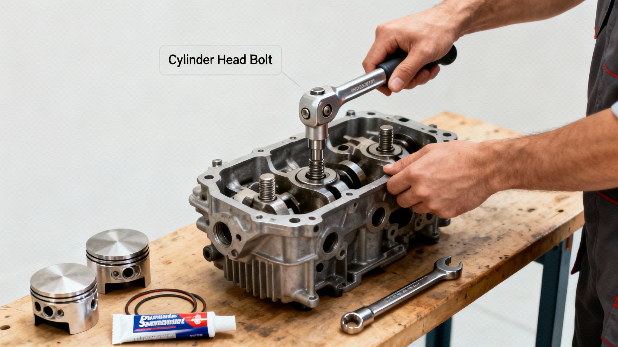 A mechanic uses a torque wrench to tighten a cylinder head bolt on an engine block.