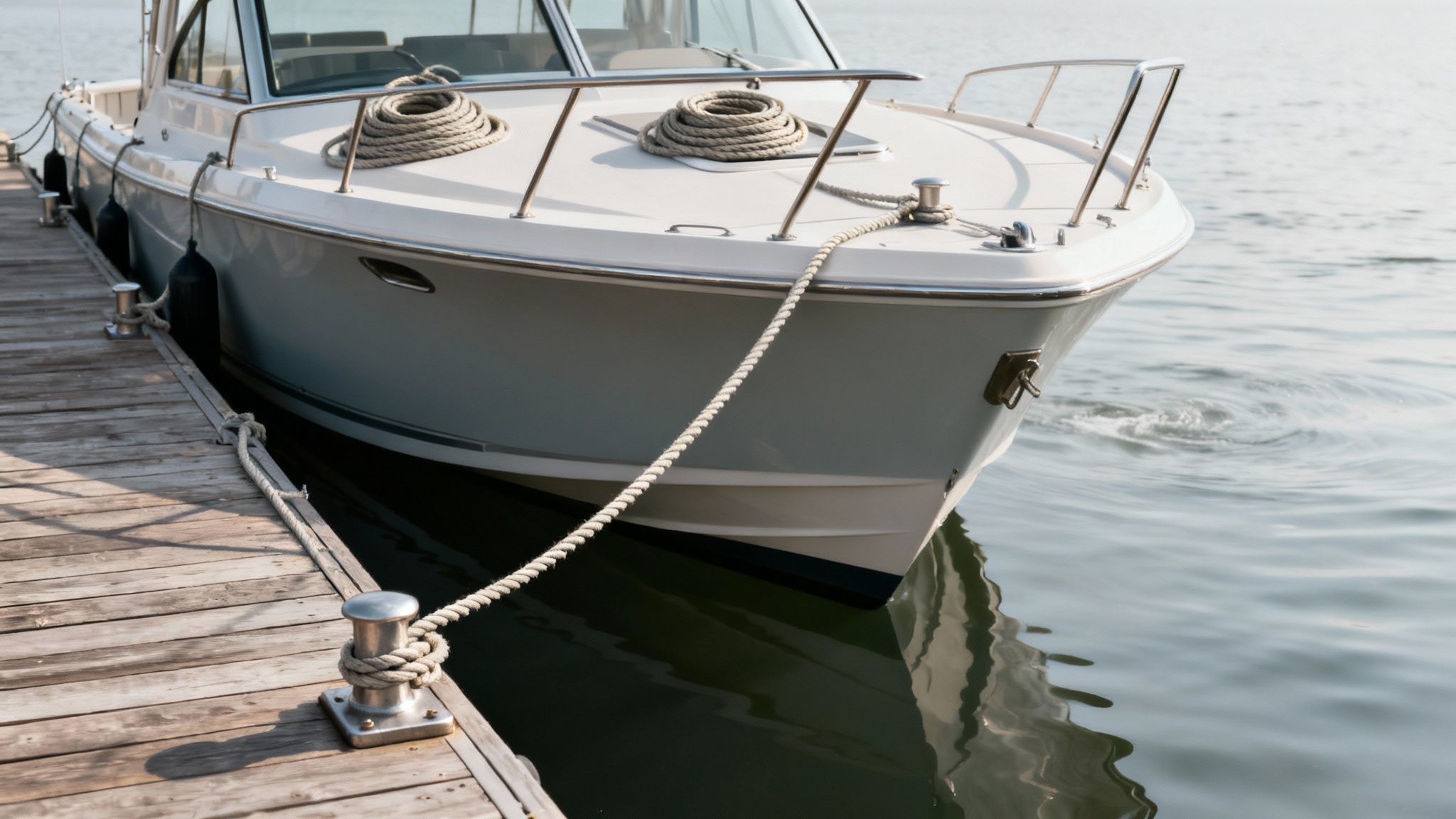 A white boat is securely tied to a wooden pier with ropes and fenders.