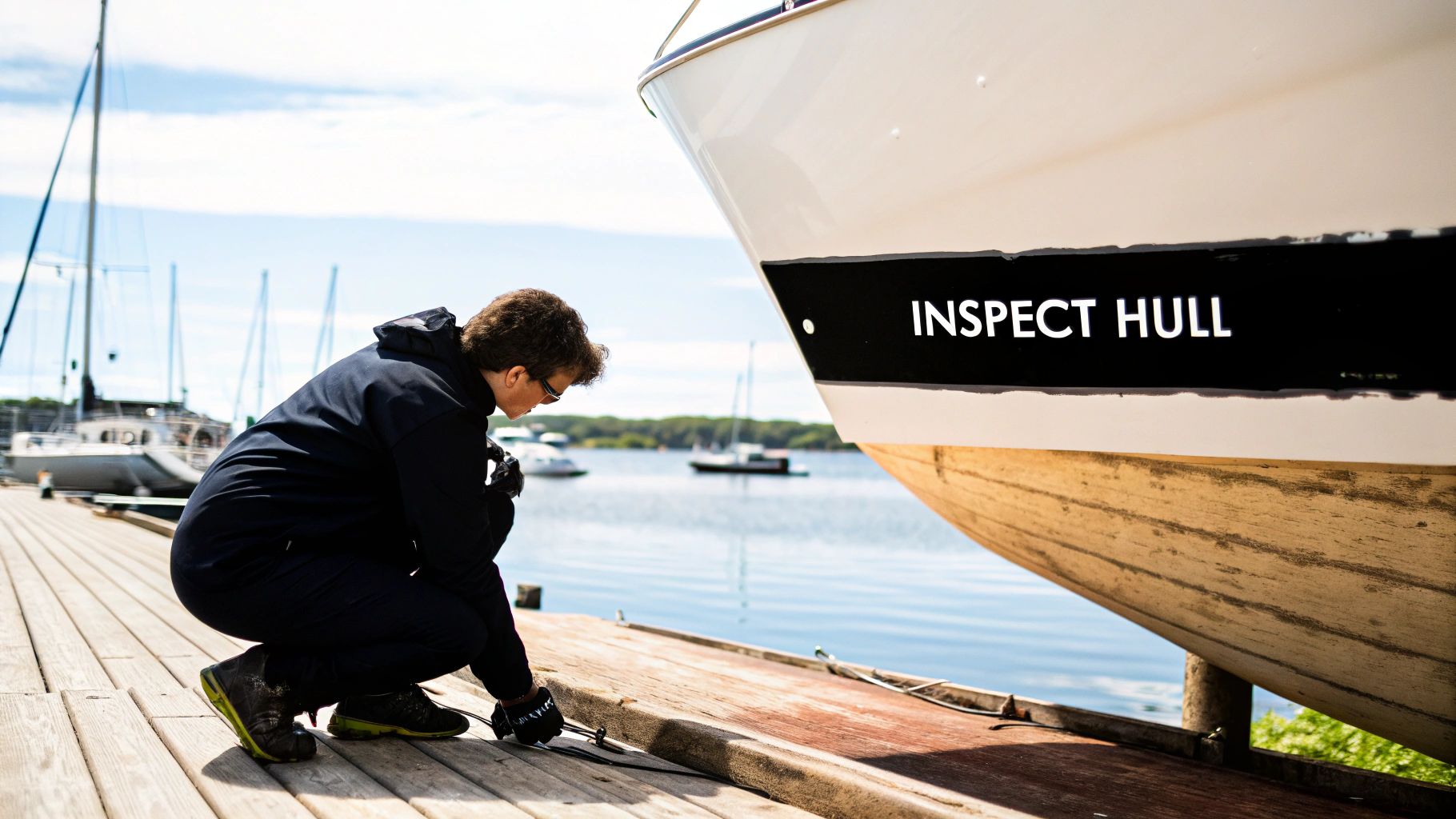 A person pressure washing the hull of a large white boat that is out of the water.