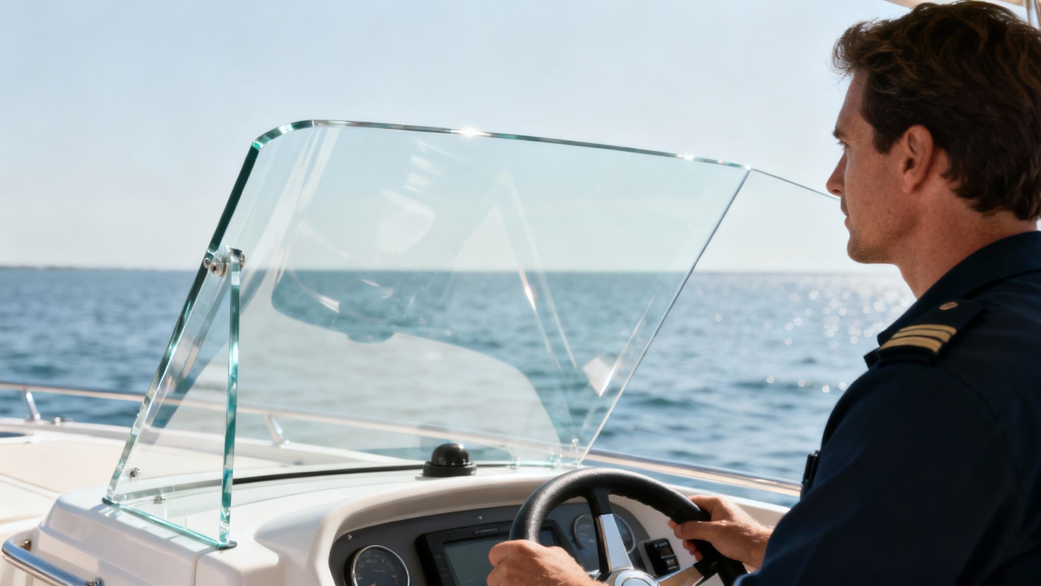 A clean boat windshield with a clear view of the water and horizon