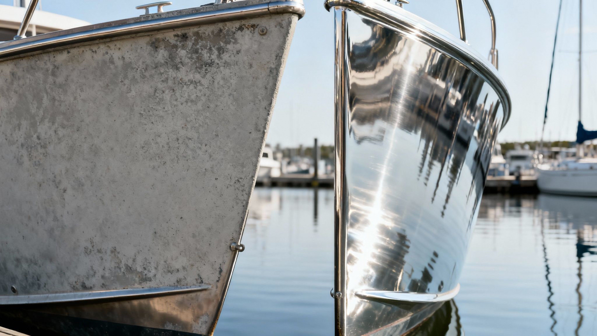 Before and after comparison of a boat hull, showing a dull, weathered side and a shiny, polished side.