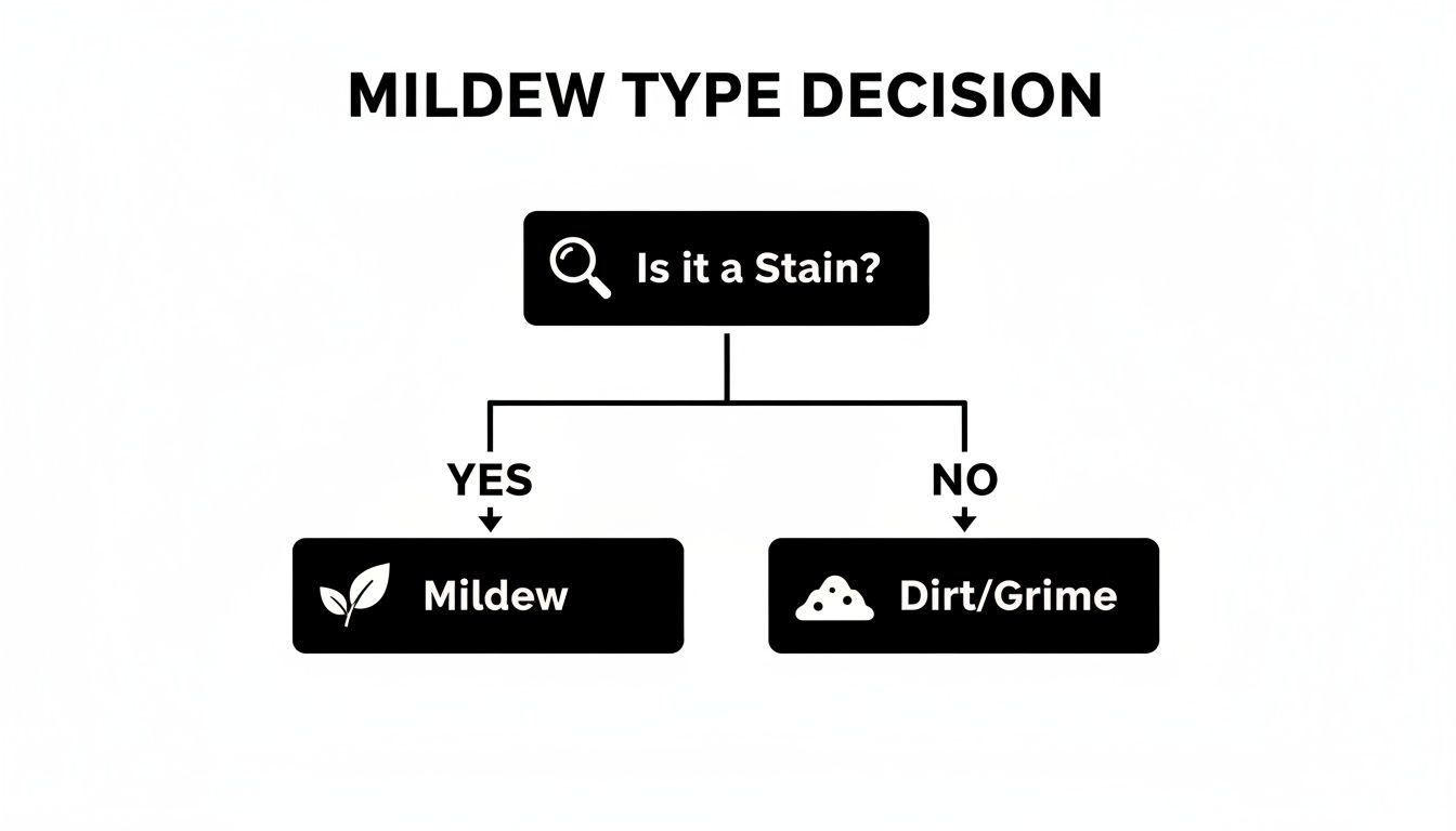 A decision flowchart to identify if a mark is mildew, dirt, or grime.