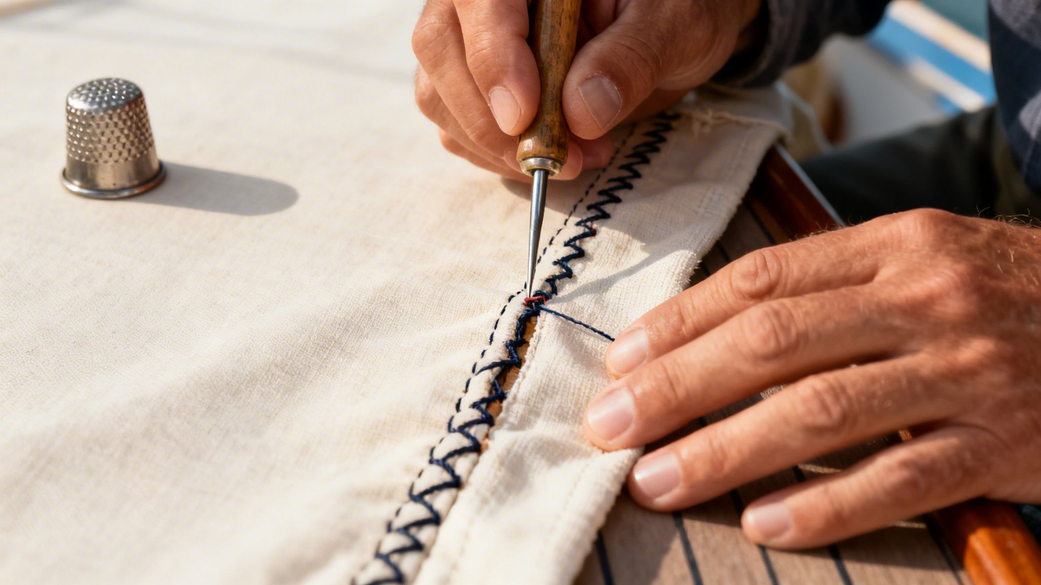 Close-up of hands repairing a boat canvas with a specialized awl and blue thread. A thimble rests nearby.
