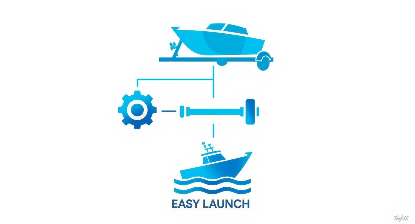 A blue boat on a trailer connects to mechanical components for an easy launch into water.