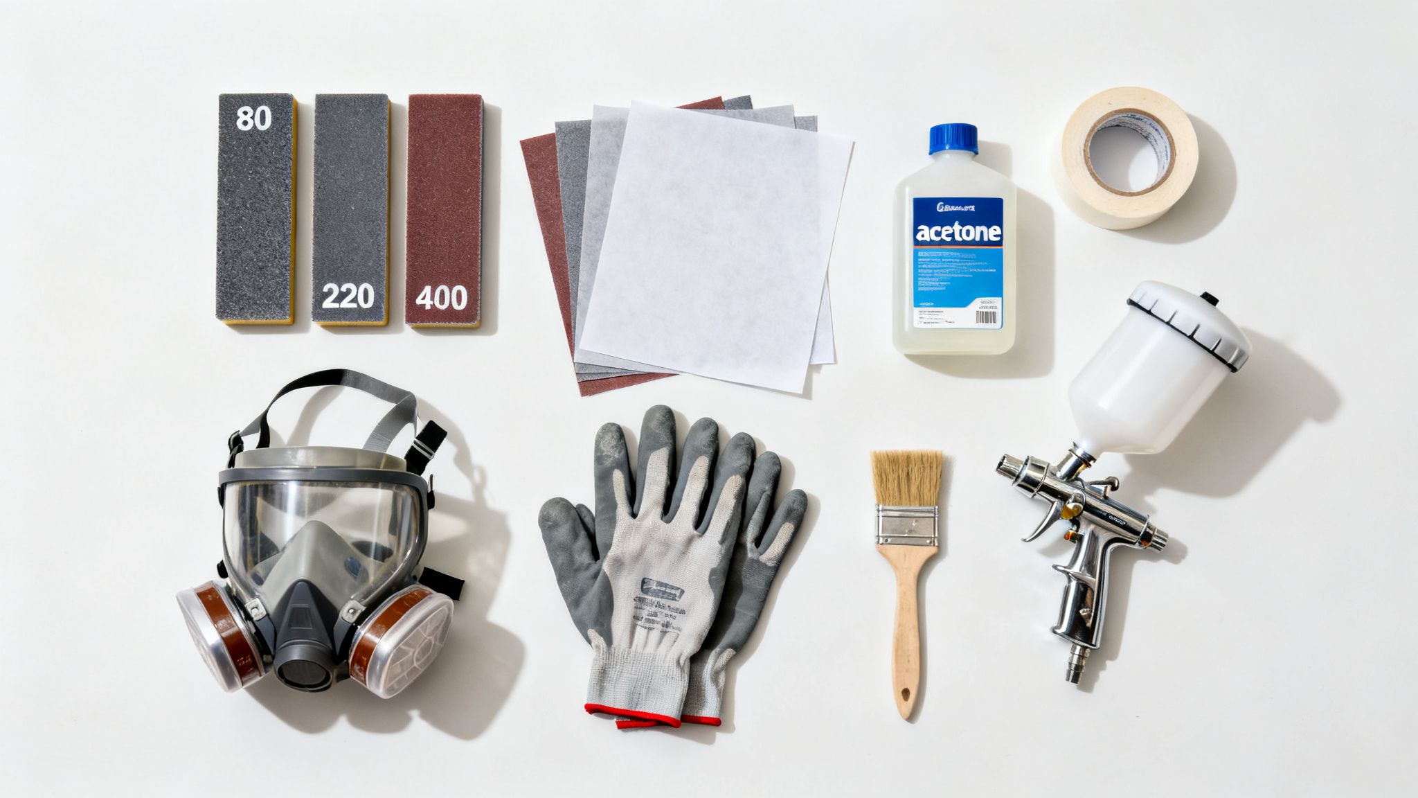 A flat lay of painting and sanding tools including sandpaper, acetone, a spray gun, respirator, and gloves on a white background.