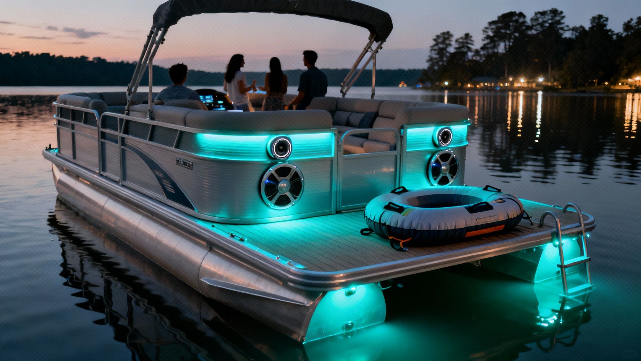 A group of friends enjoying a pontoon boat equipped with speakers and lighting for entertainment