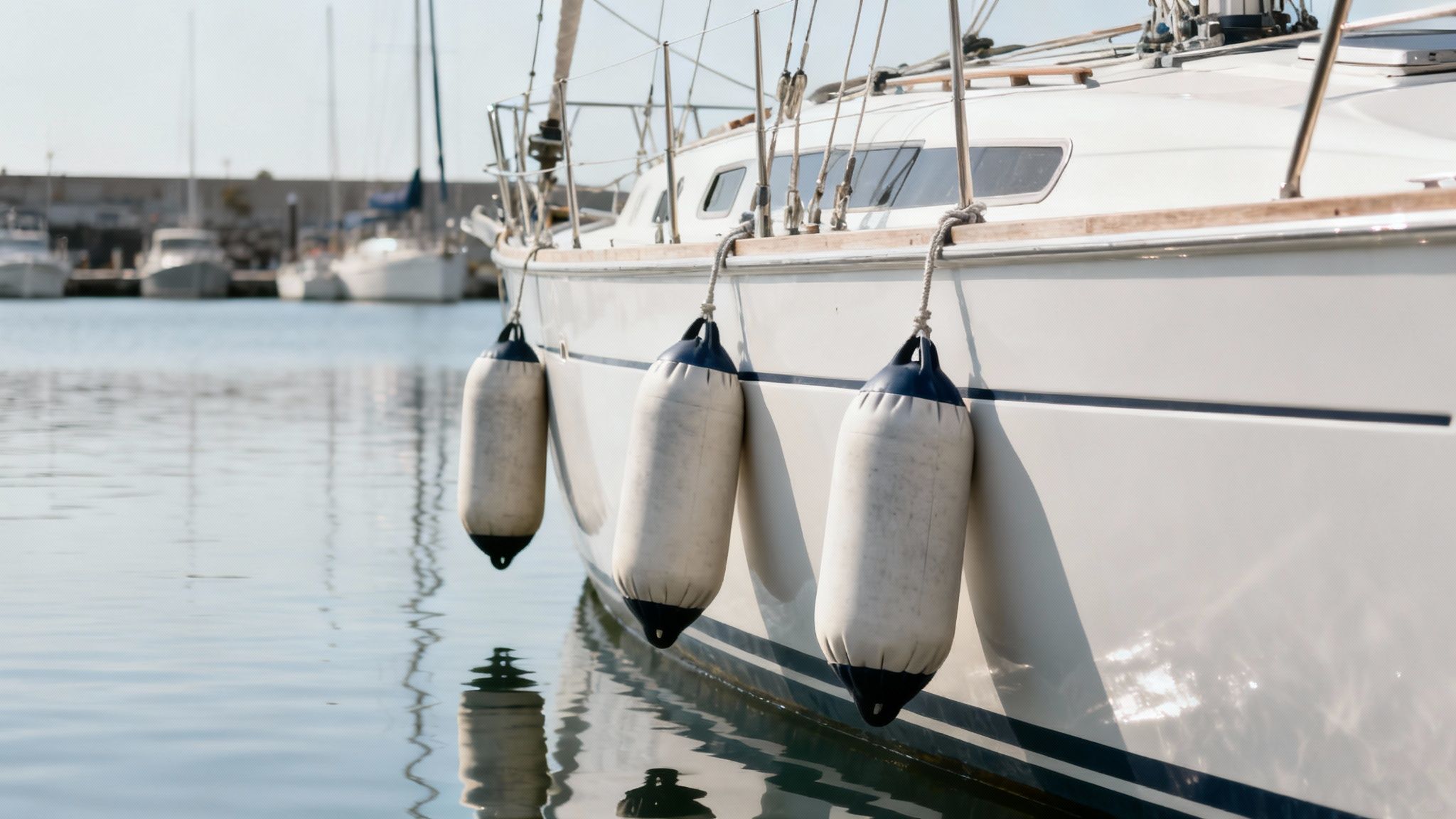 Three white and blue boat fenders hang from a docked sailboat, reflected in calm marina water.