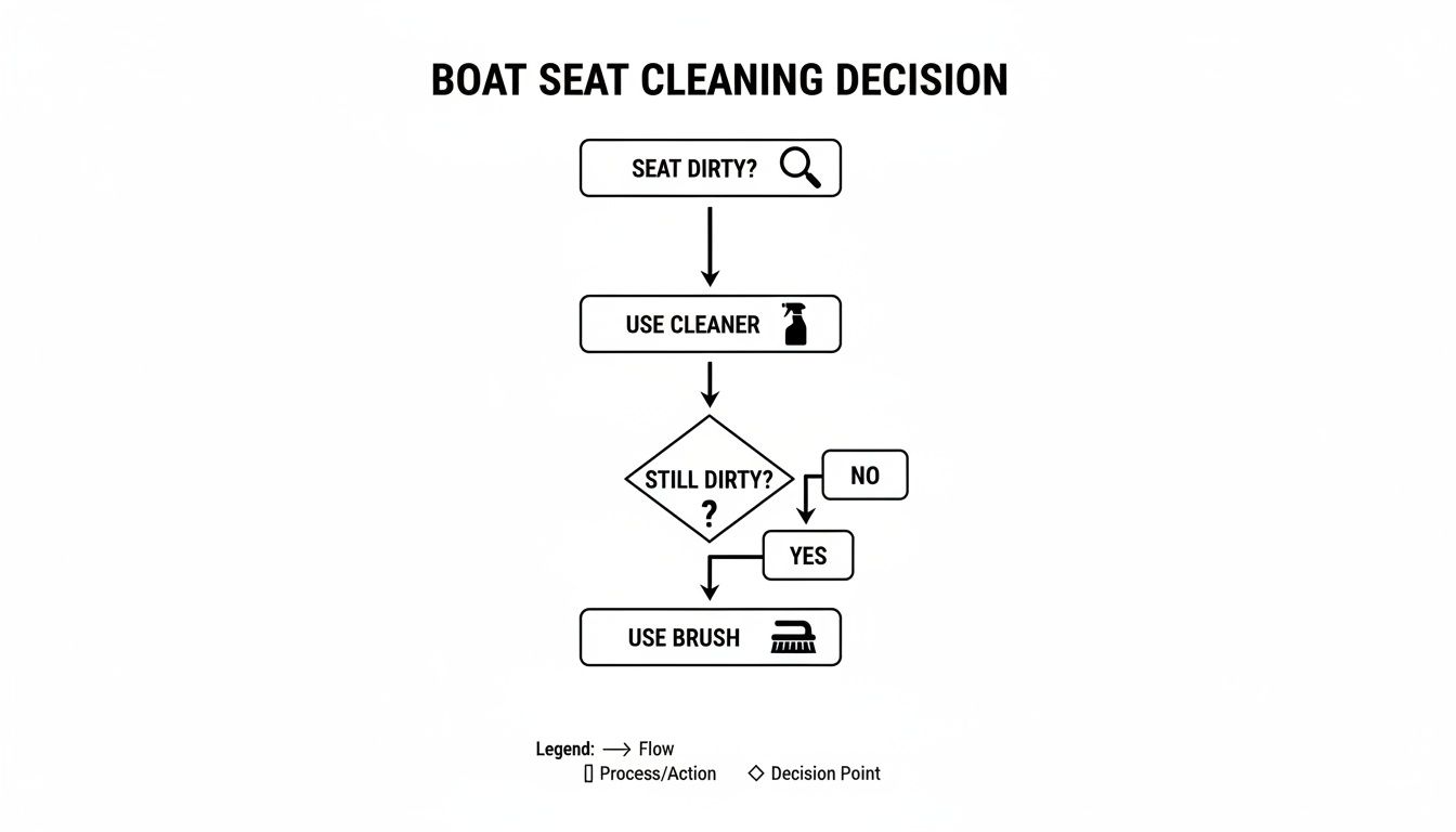 A flowchart detailing the decision process for cleaning boat seats, from checking dirt to using a brush.