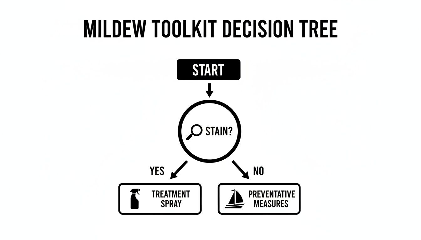 A flowchart titled 'Mildew Toolkit Decision Tree' guiding users on addressing mildew stains.