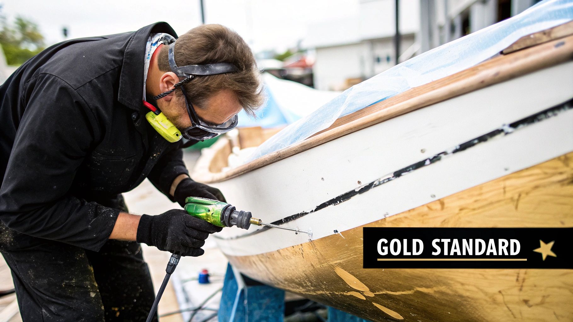 An expert applying epoxy to a boat hull with a spreader tool