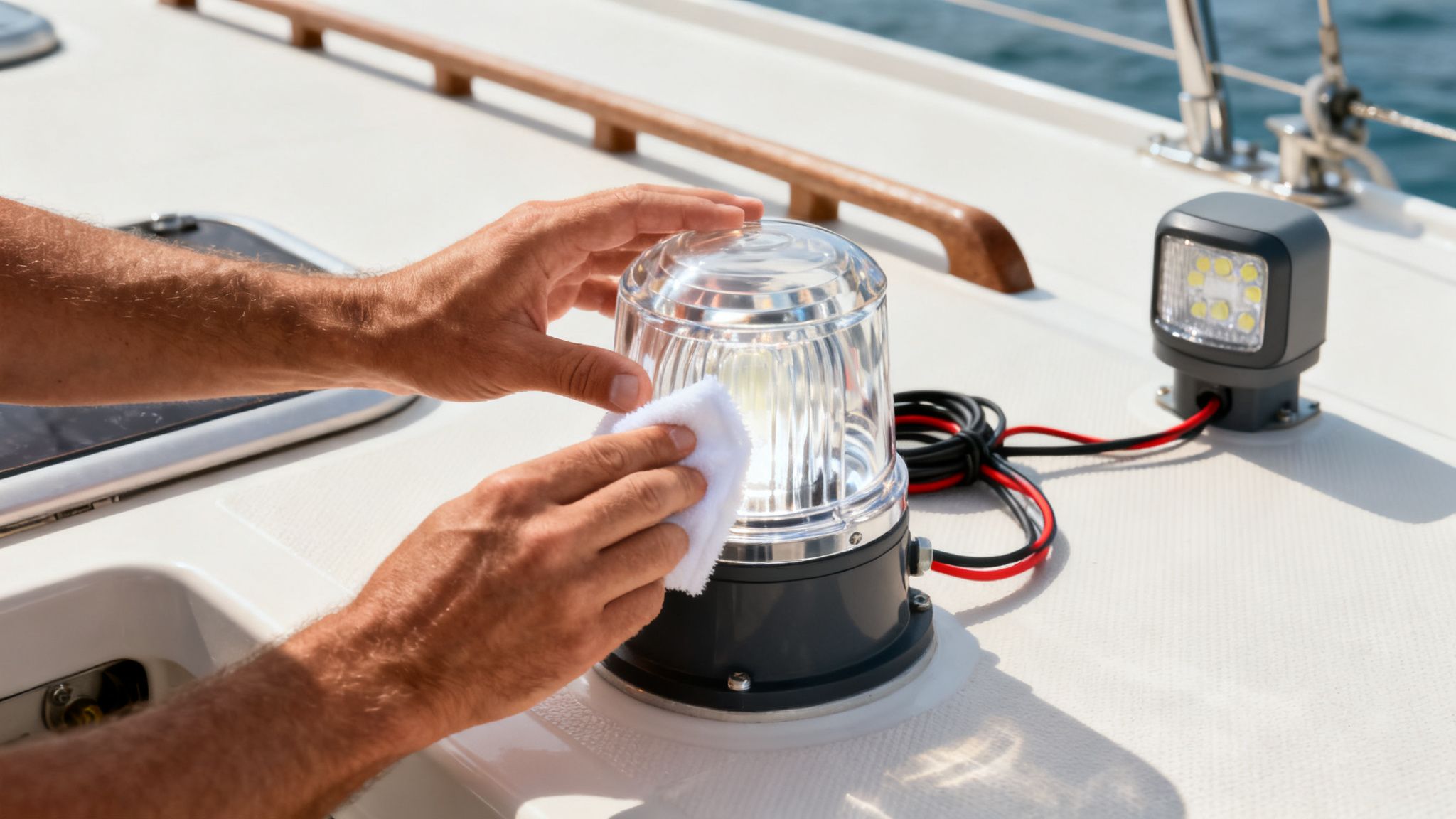 A person's hands clean a clear boat navigation light with a white cloth on a boat deck.