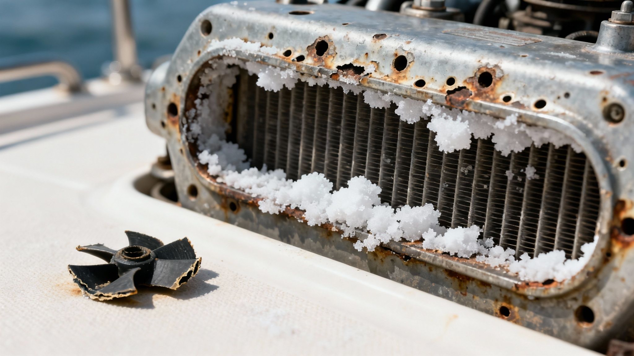 Severely corroded marine engine radiator with salt buildup and broken impeller showing damage from saltwater