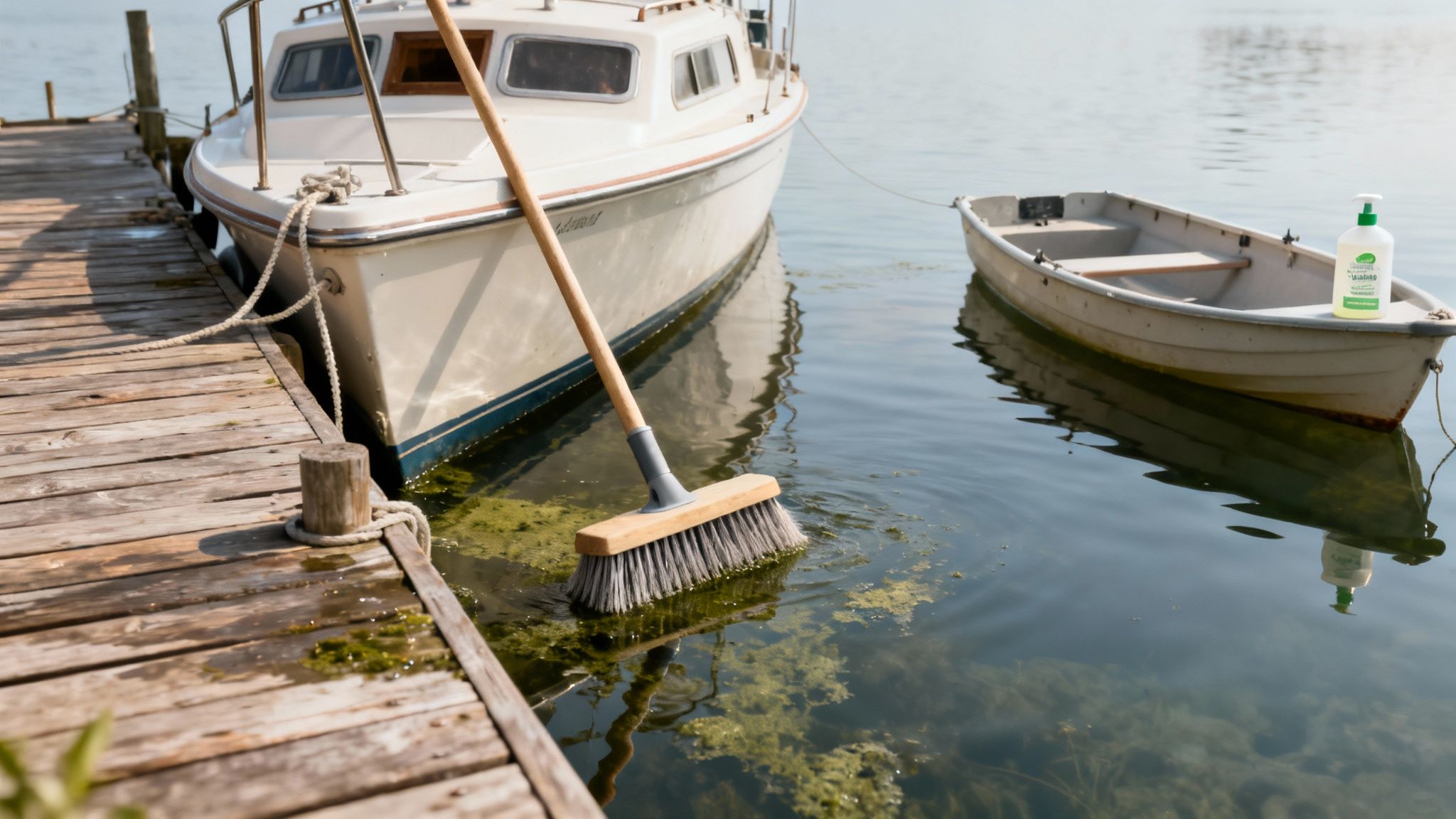 A long-handled brush cleans algae near a white boat docked at a wooden pier, with a cleaner bottle in another boat.