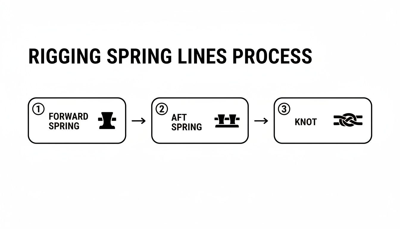 Process diagram for rigging boat spring lines, showing forward, aft, and knot steps.