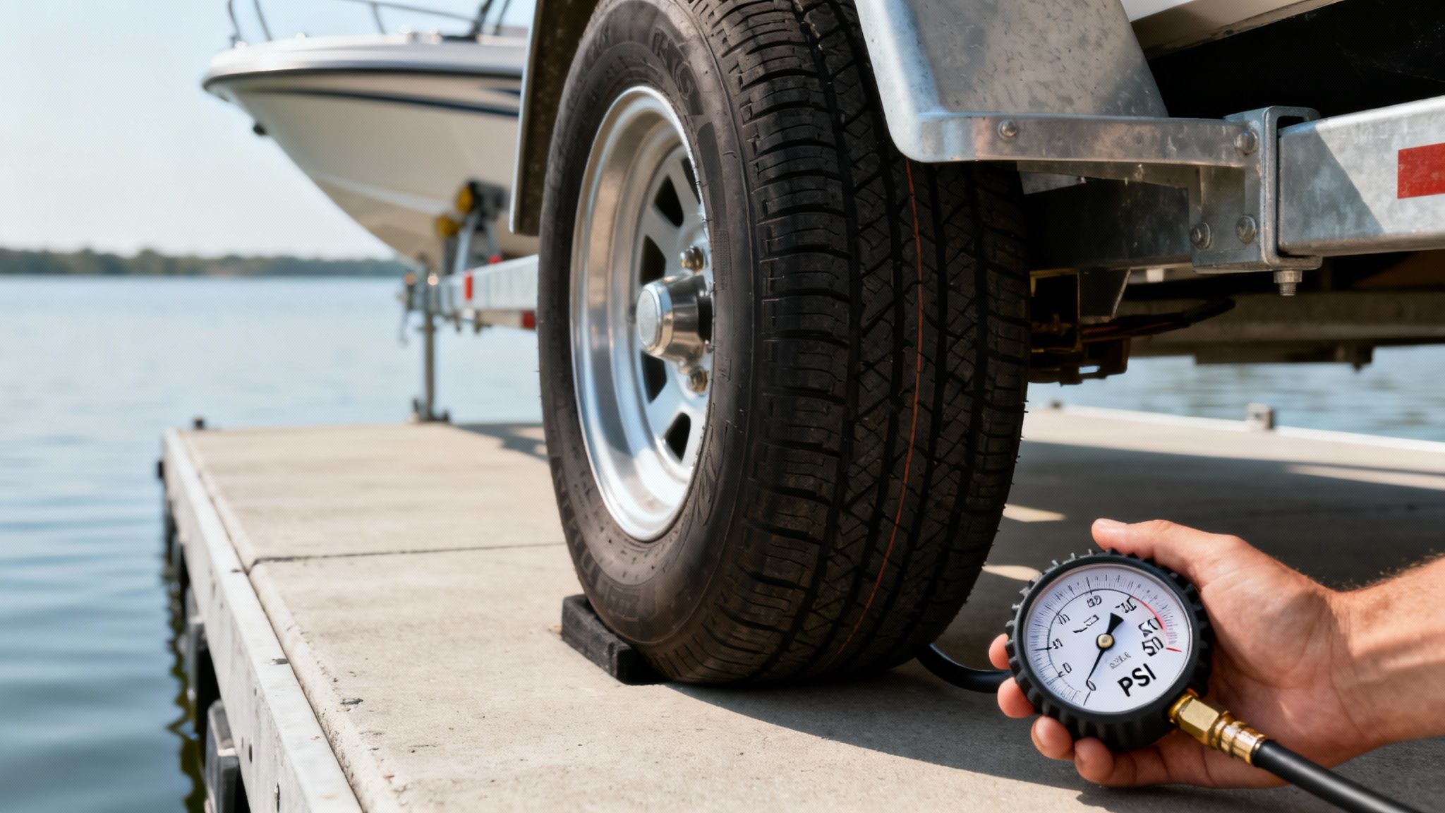 A person checks the tire pressure of a boat trailer with a gauge at a boat ramp.
