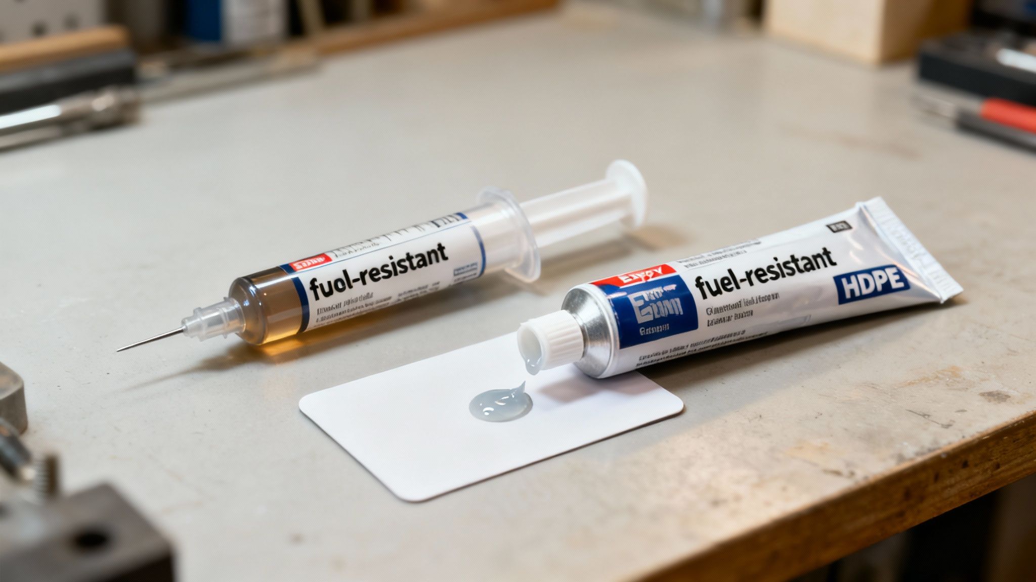 A hand holding a two-part epoxy kit for plastic gas tank repair.