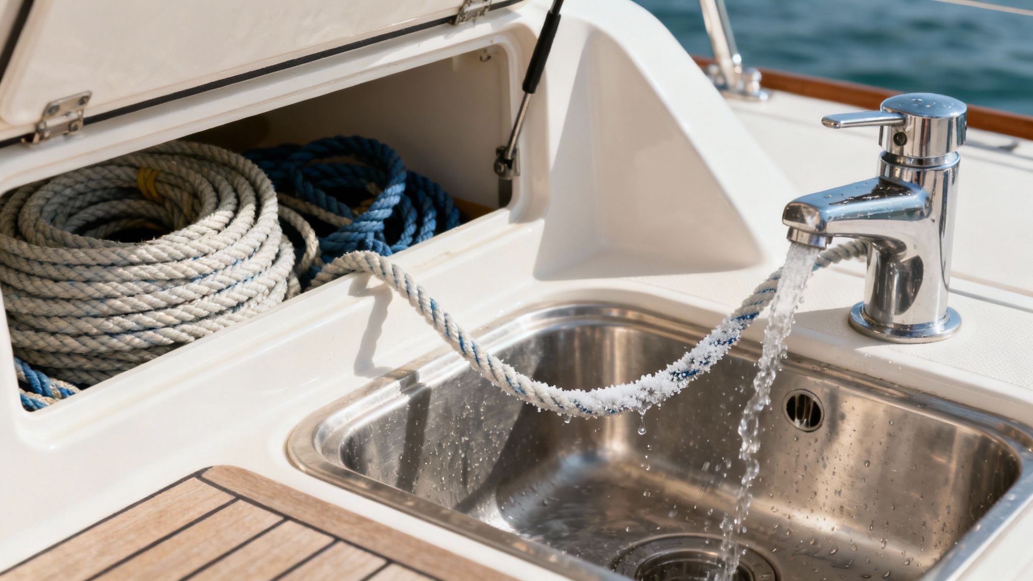 A person carefully coiling a clean boat line on a wooden dock next to the water.
