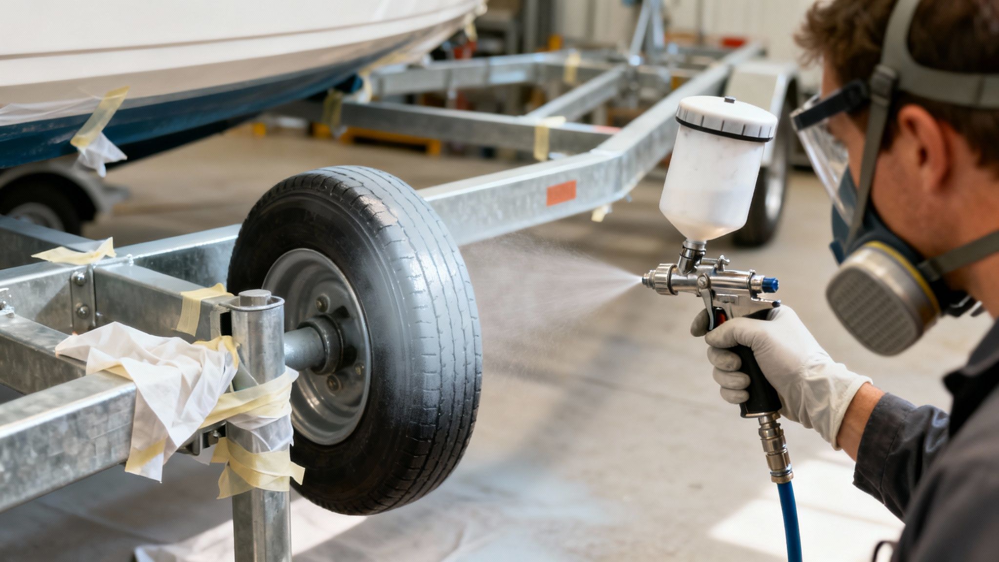 A person wearing a respirator mask and gloves uses a spray gun to paint a boat trailer's wheel.