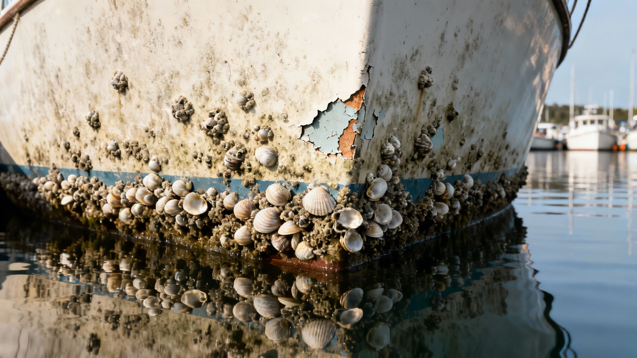 Close-up of an old boat hull heavily covered in barnacles and shells, with peeling paint.