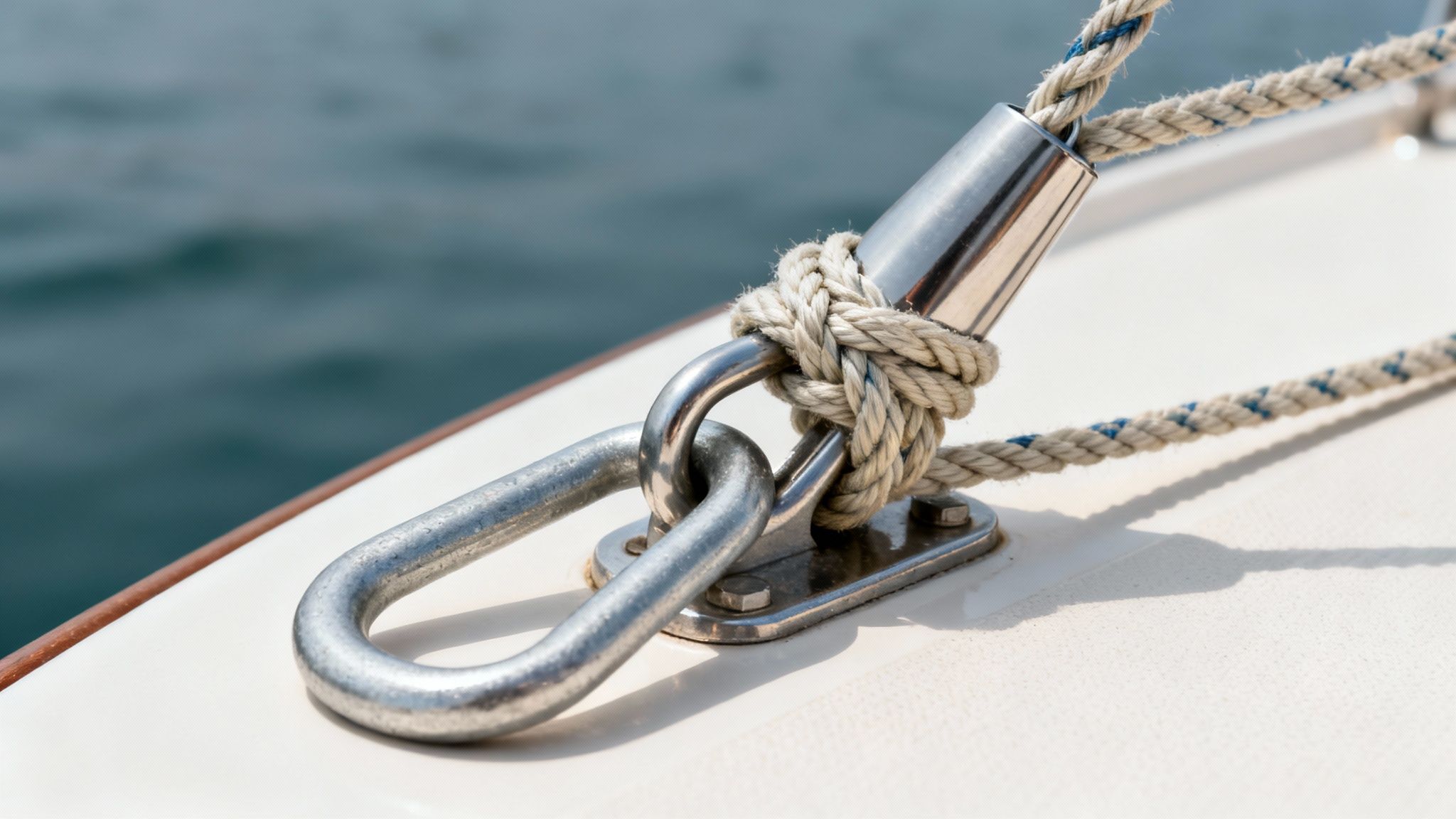 Close-up of a sturdy boat rope knotted around a shiny metal cleat and shackle on a white boat deck.