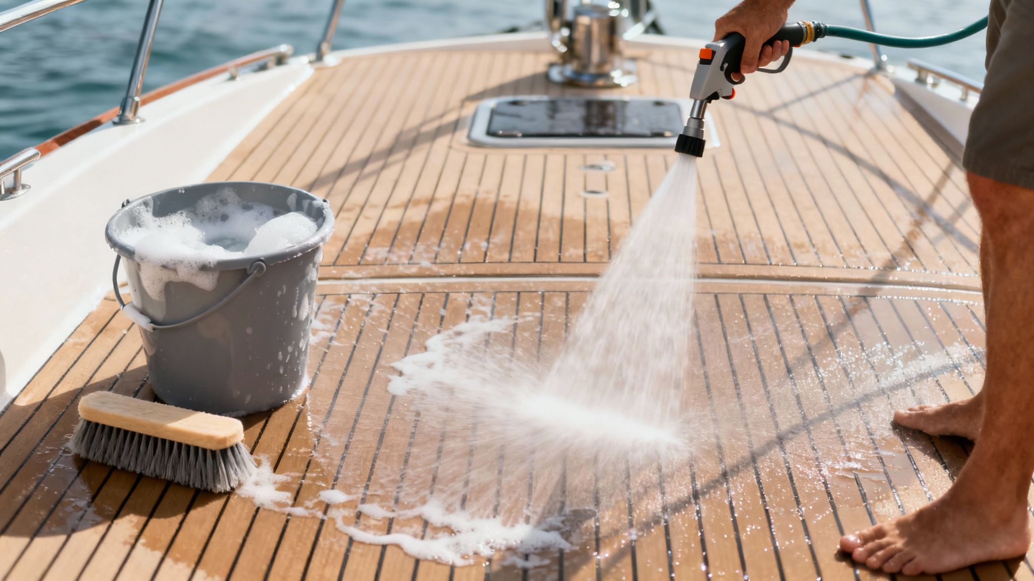 A person uses a hose to wash a boat deck, with a bucket of soapy water and a brush.