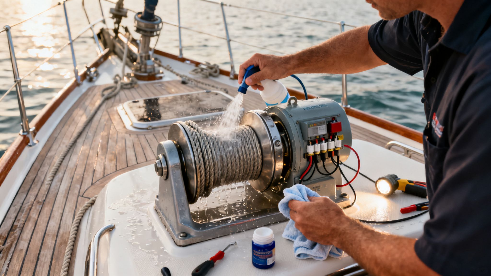A person on a boat is cleaning a marine windlass with water and a rag, performing maintenance.