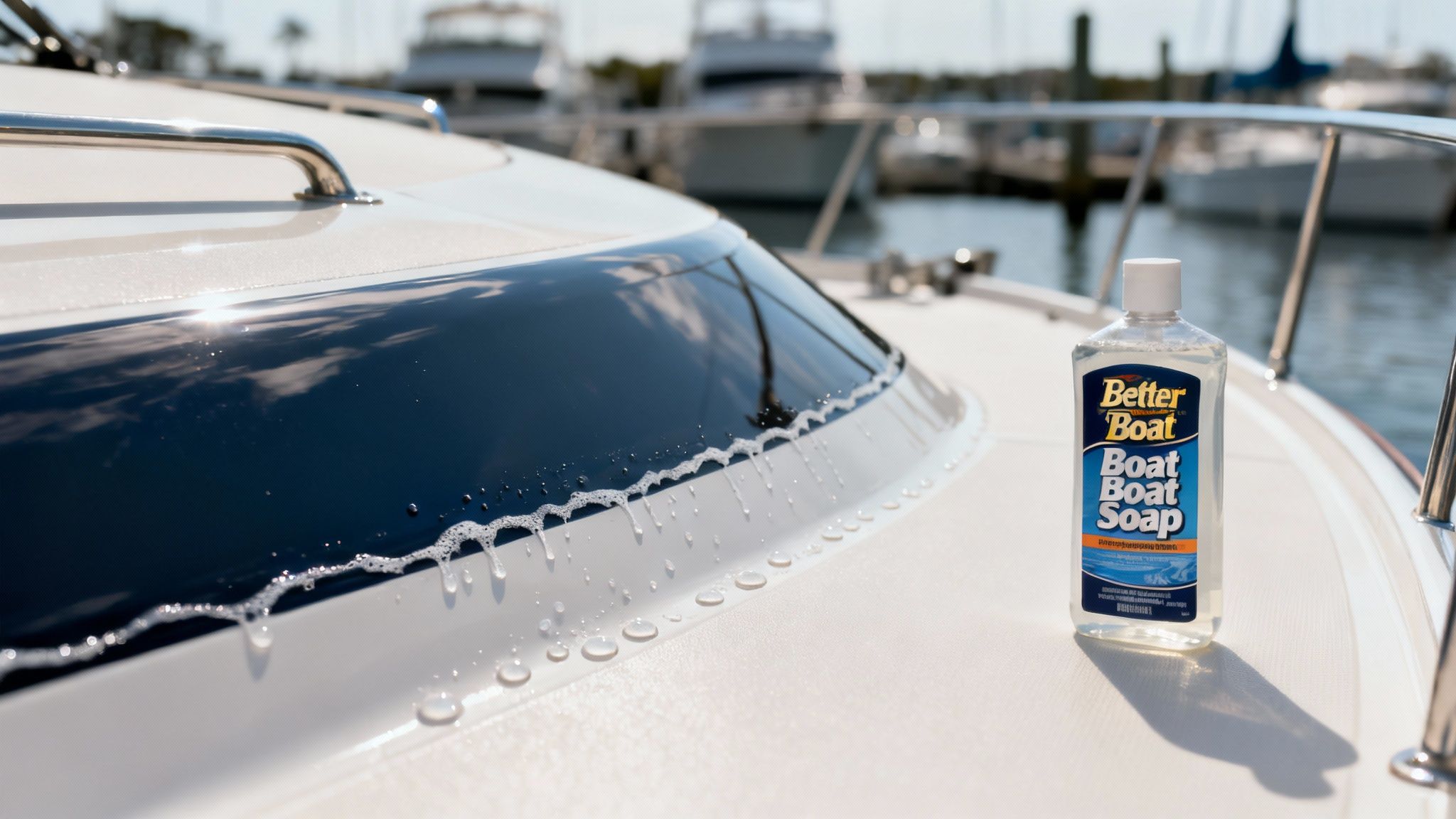 A bottle of Better Boat Boat Soap on a boat deck with suds and water droplets from cleaning.
