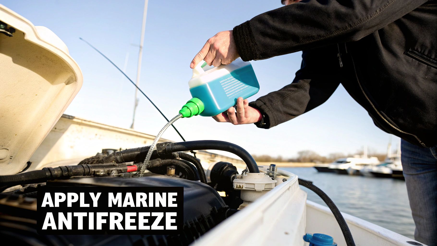 Someone pouring antifreeze into a boat motor.