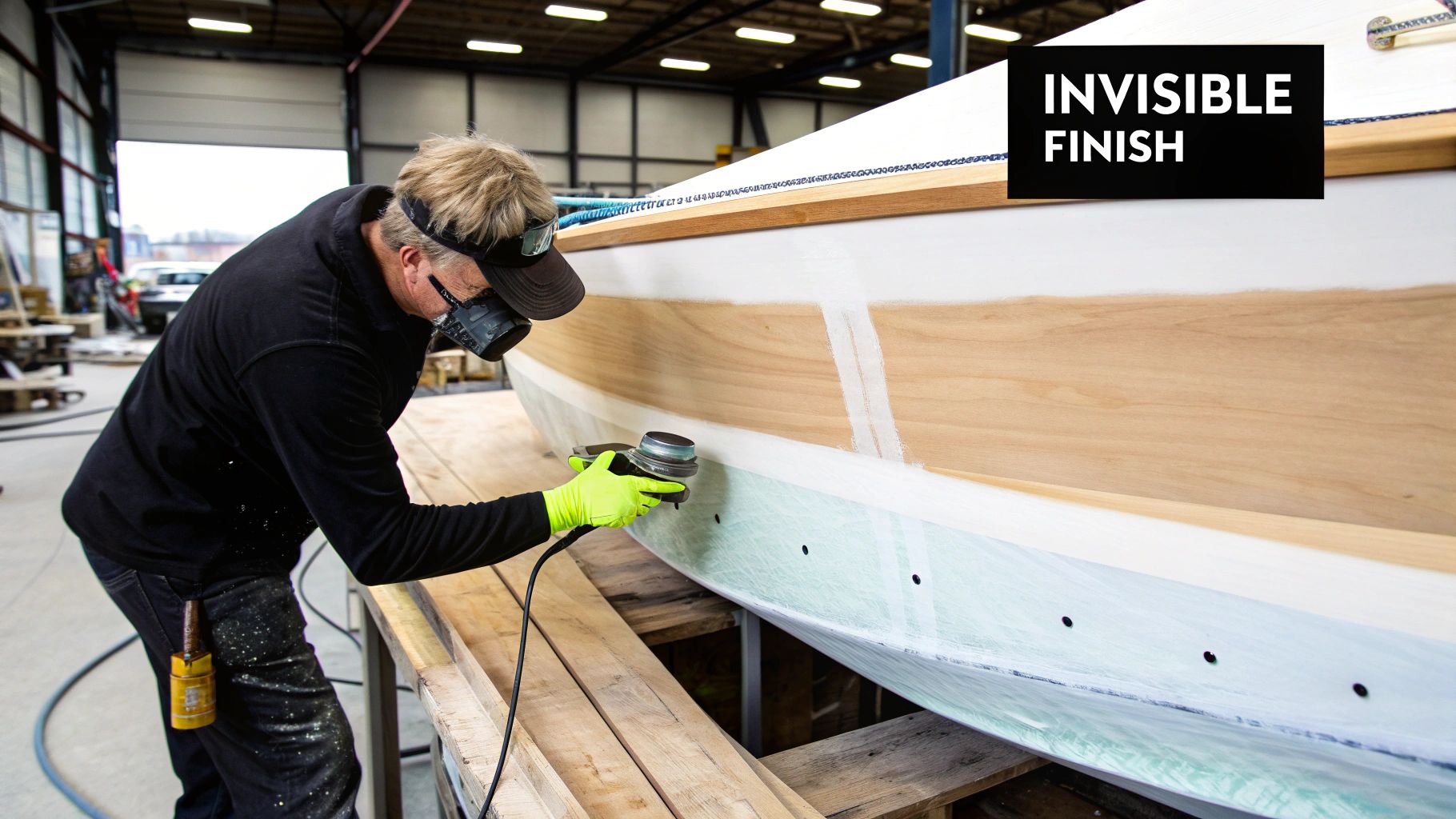 A person sanding a boat hull to achieve a smooth finish