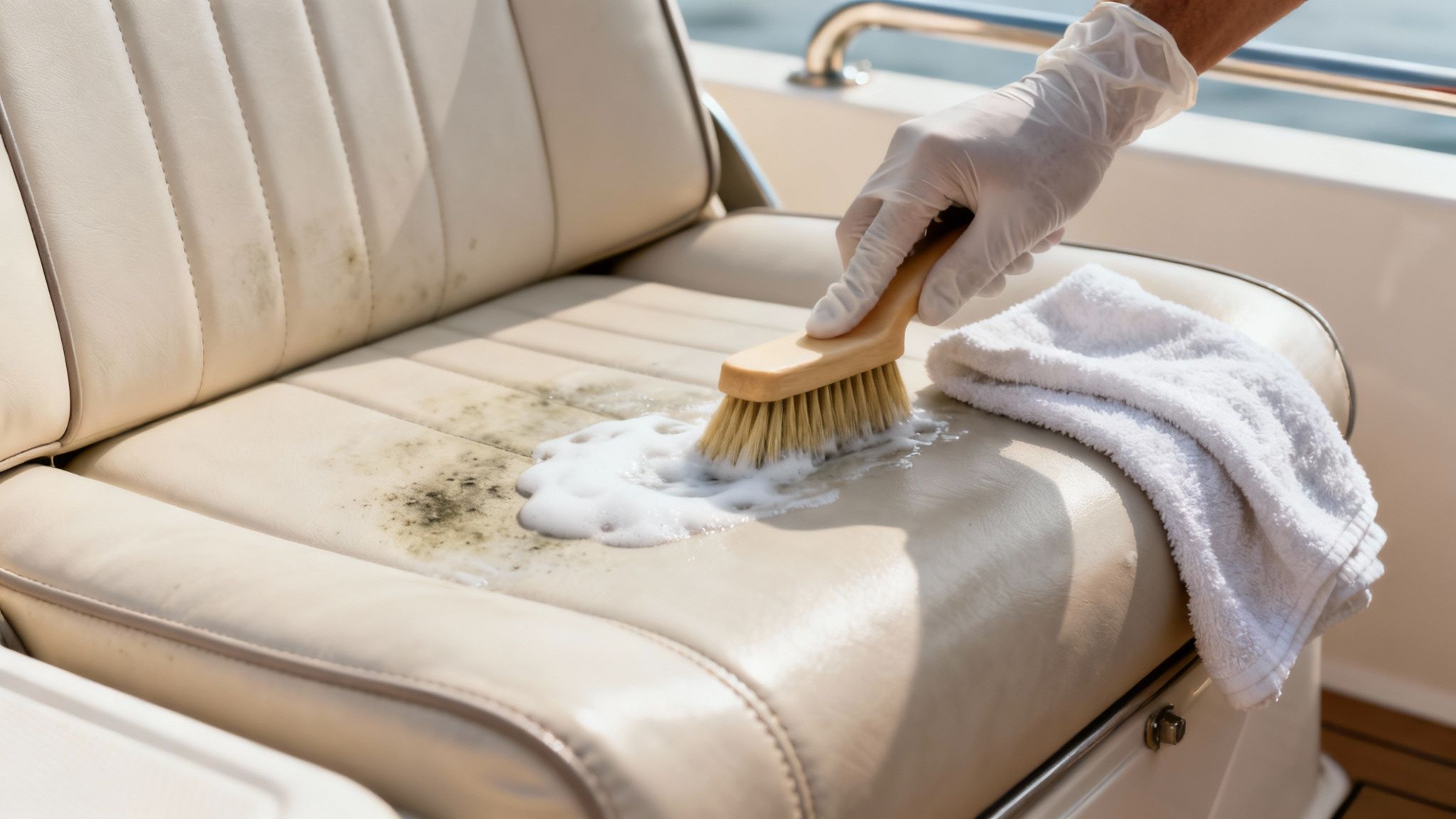 Person wearing gloves cleaning a dirty, cream-colored boat seat with a brush and foaming cleaner.