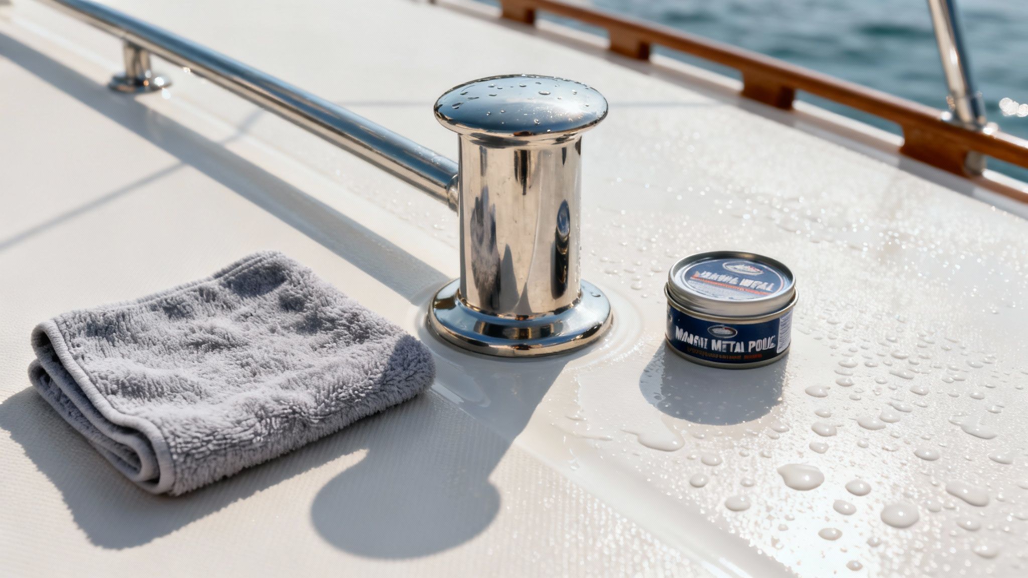 Close-up of a shiny boat cleat, grey microfiber cloth, and marine metal polish on a wet boat deck.