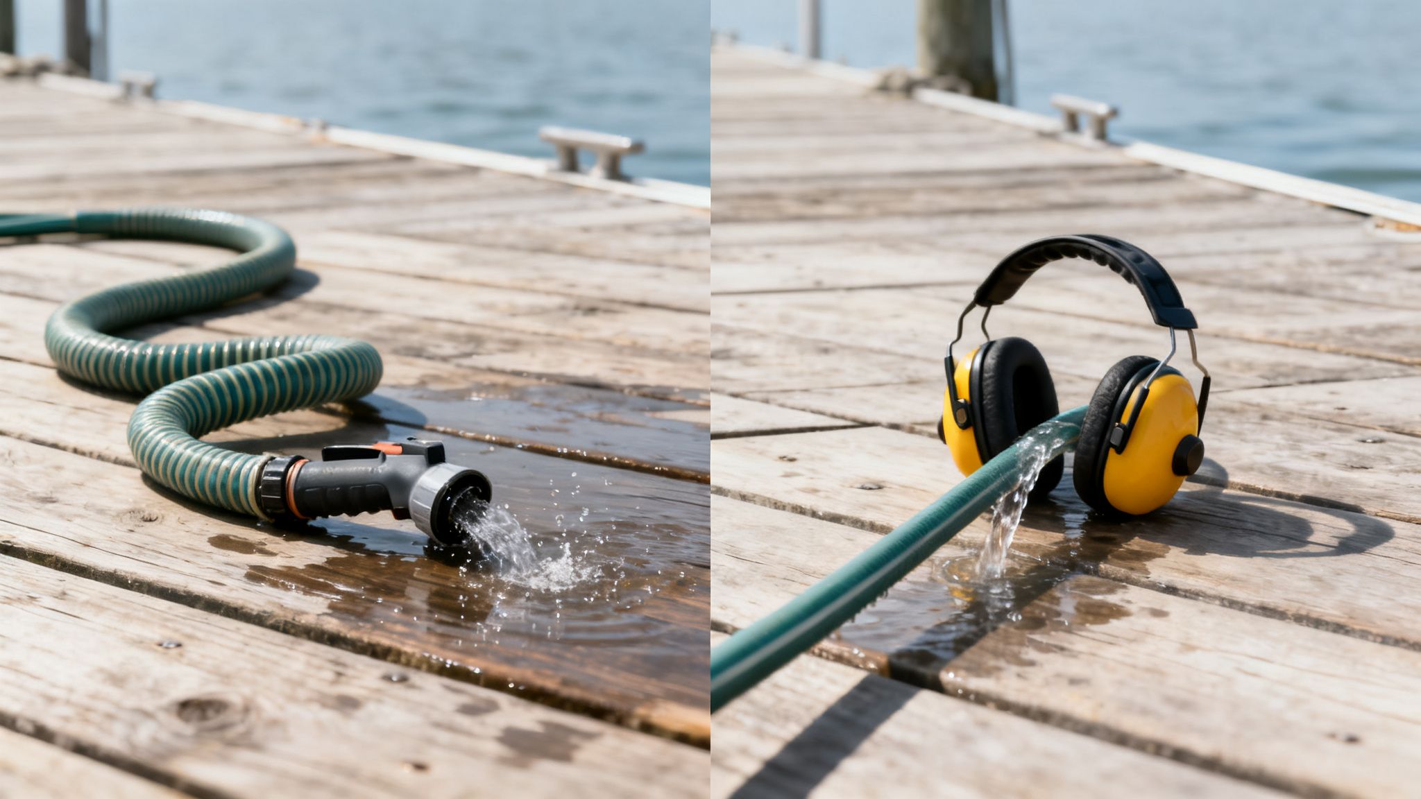A green hose flushes water onto a wooden pier, with ear protection headphones on another hose.
