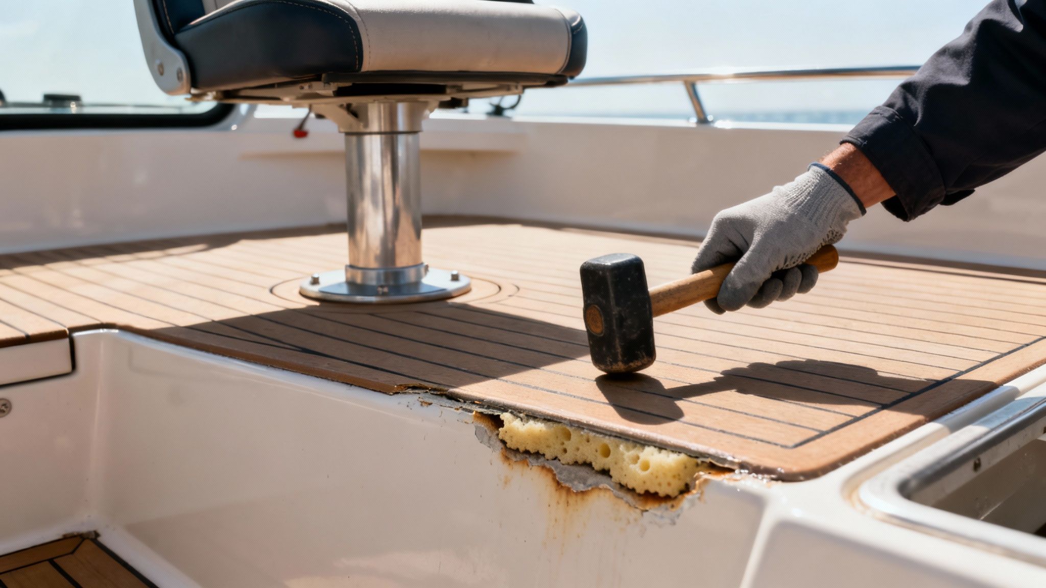 A gloved hand holds a hammer over damaged boat flooring, revealing foam insulation and rust during repair.