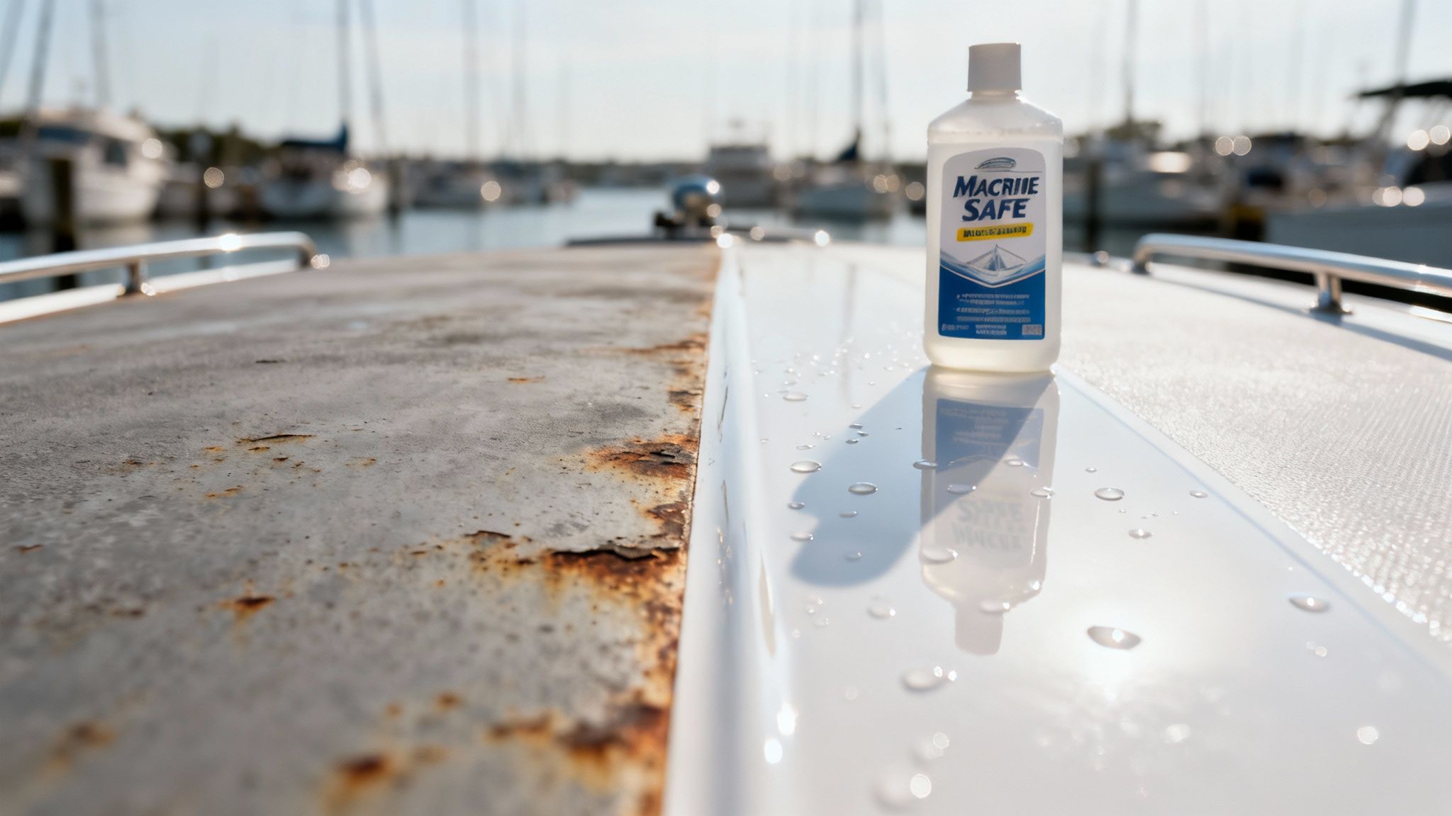 A person in a blue shirt cleaning the side of a white fiberglass boat