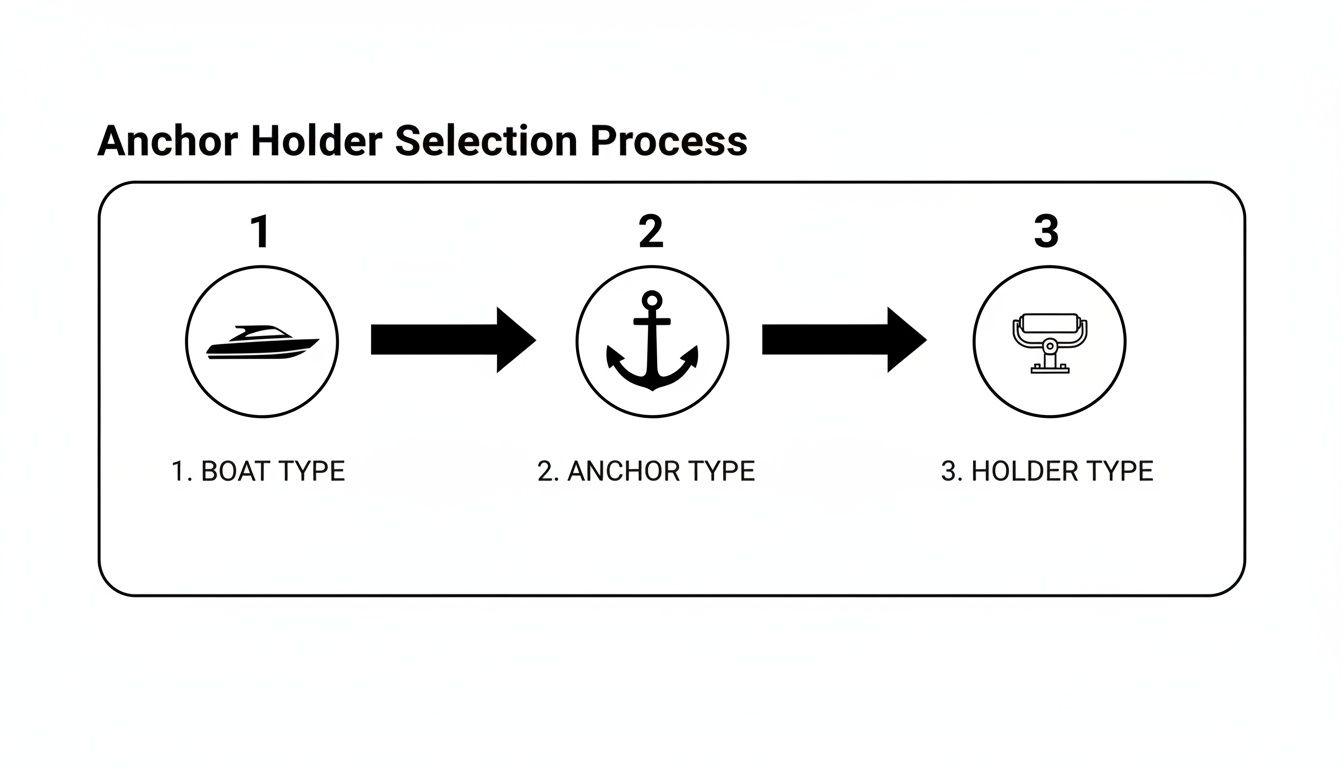 Diagram illustrating the three-step anchor holder selection process: boat type, anchor type, and holder type.